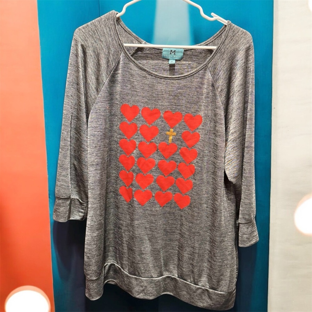 South Main Gray Top with Red Heart Design